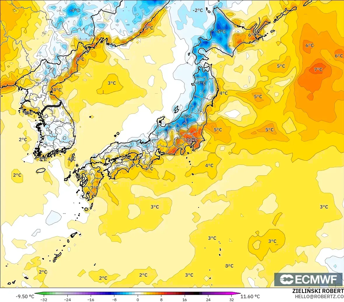 ECMWF IFS 0.25° modelo - Japón, Anomalía de temperatura a 2 m