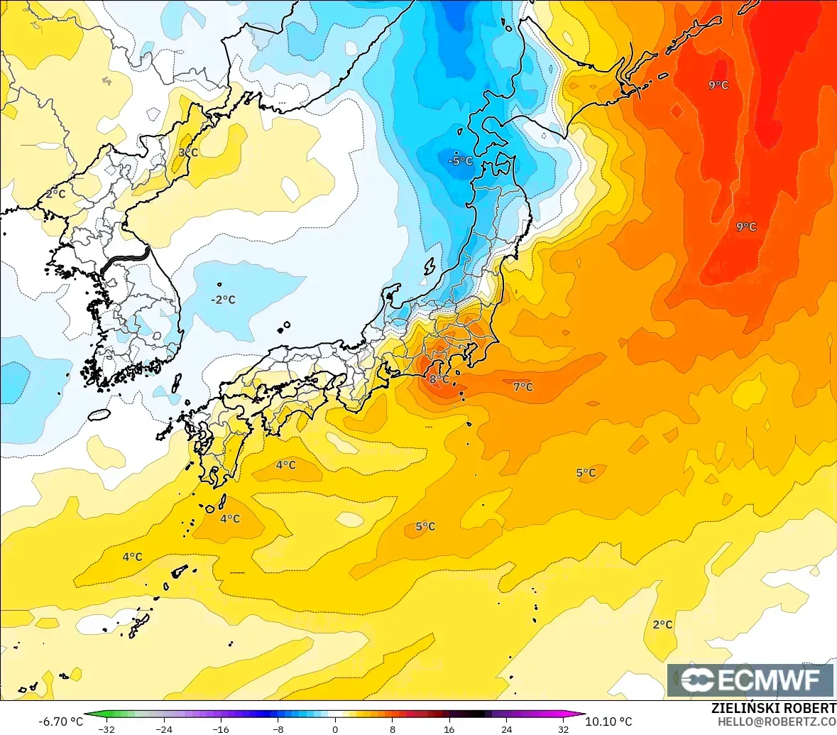 ECMWF IFS 0.25° modelo - Japón, Anomalía de temperatura a 850 hPa