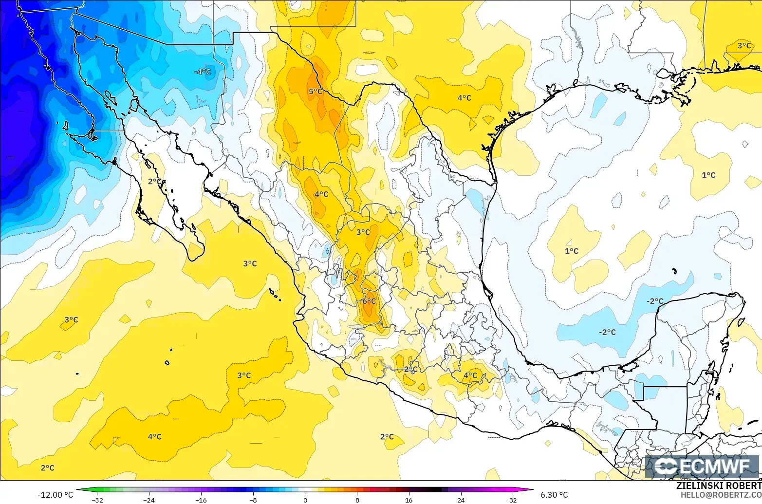 ECMWF IFS 0.25° modelo - México, Anomalía de temperatura a 850 hPa