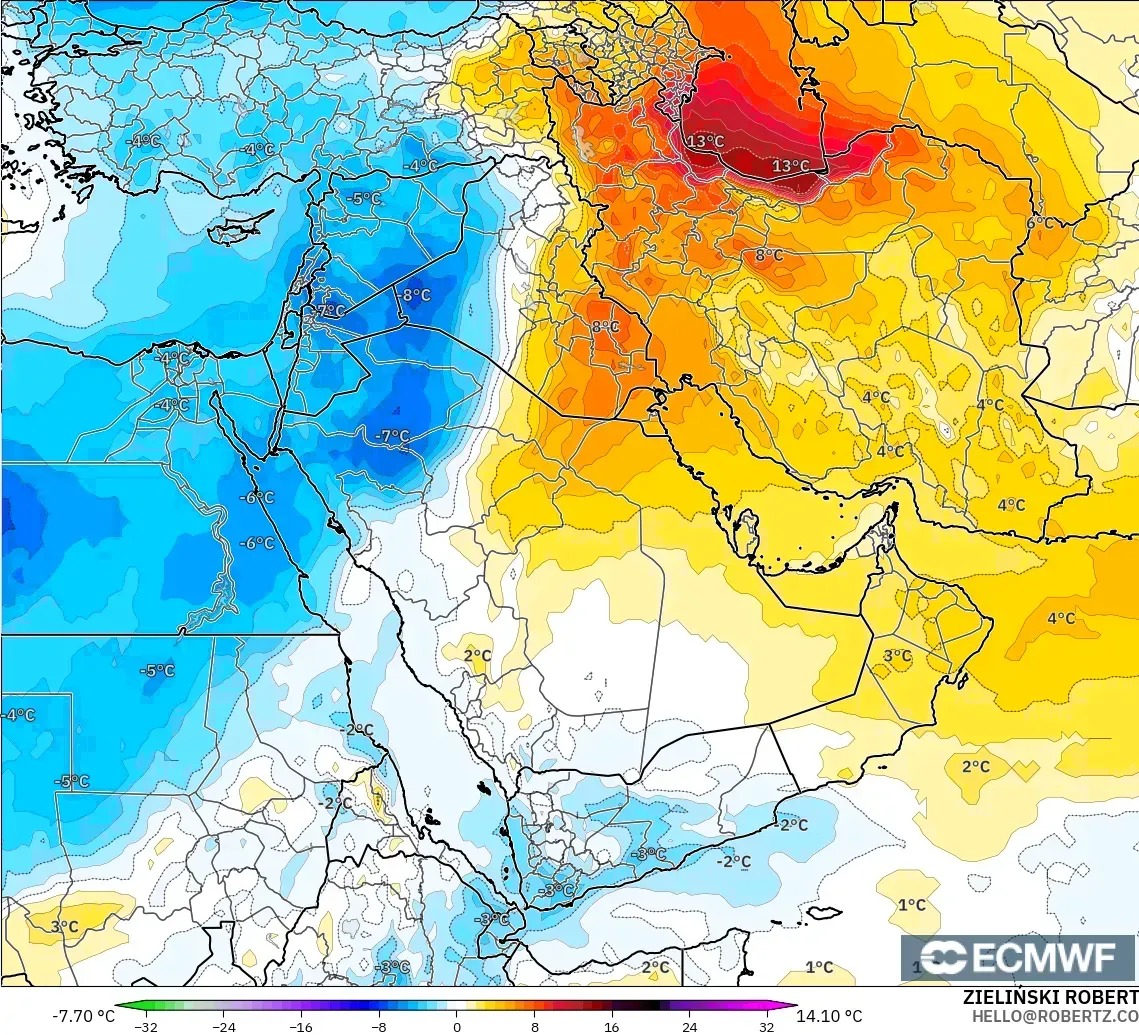 ECMWF IFS 0.25° modelo - Oriente Medio, Anomalía de temperatura a 850 hPa