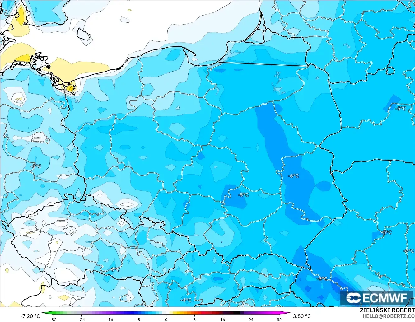 ECMWF IFS 0.25° modelo - Polonia, Anomalía de temperatura a 2 m