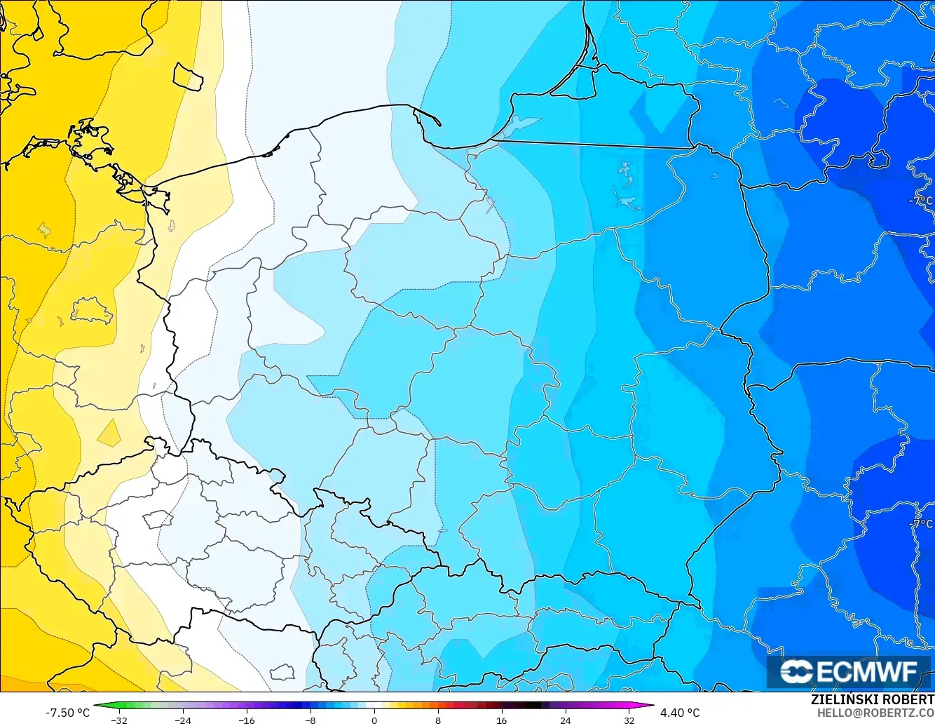 ECMWF IFS 0.25° modelo - Polonia, Anomalía de temperatura a 850 hPa