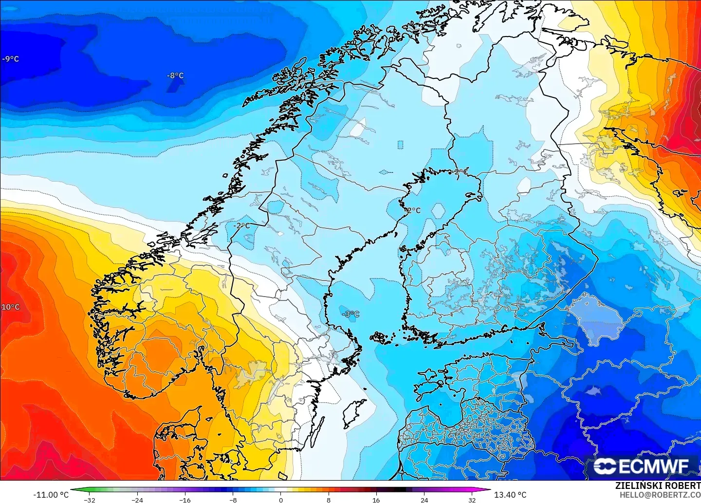 ECMWF IFS 0.25° modelo - Escandinavia, Anomalía de temperatura a 850 hPa