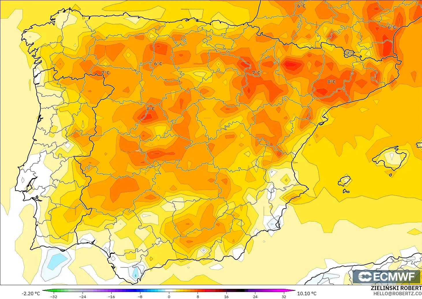 ECMWF IFS 0.25° modelo - España, Anomalía de temperatura a 2 m