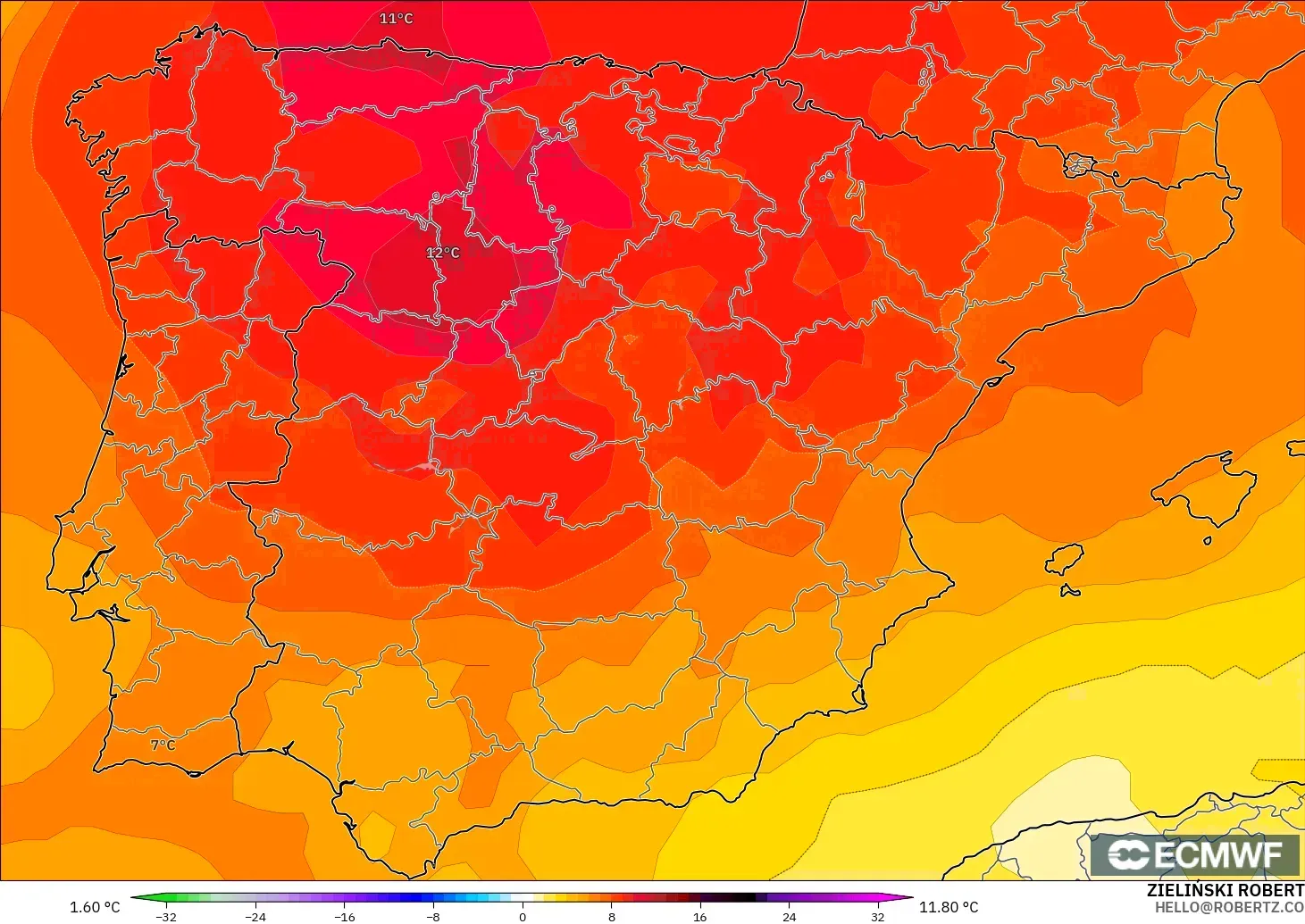 ECMWF IFS 0.25° modelo - España, Anomalía de temperatura a 850 hPa