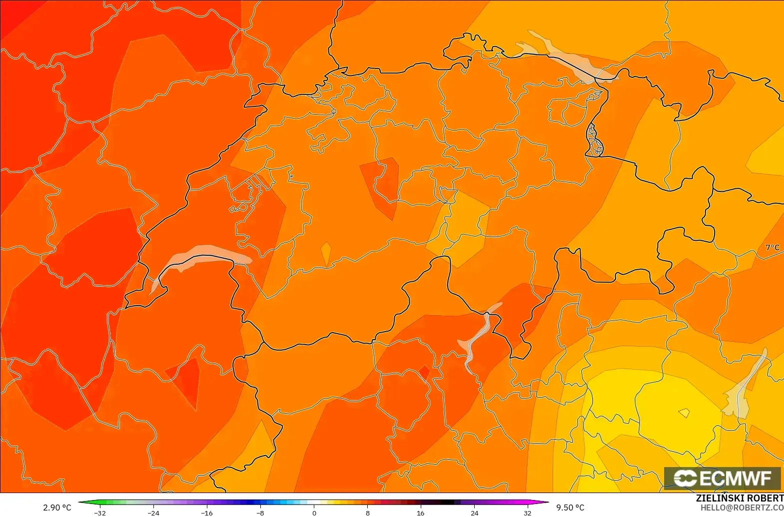 ECMWF IFS 0.25° modelo - Suiza, Anomalía de temperatura a 850 hPa