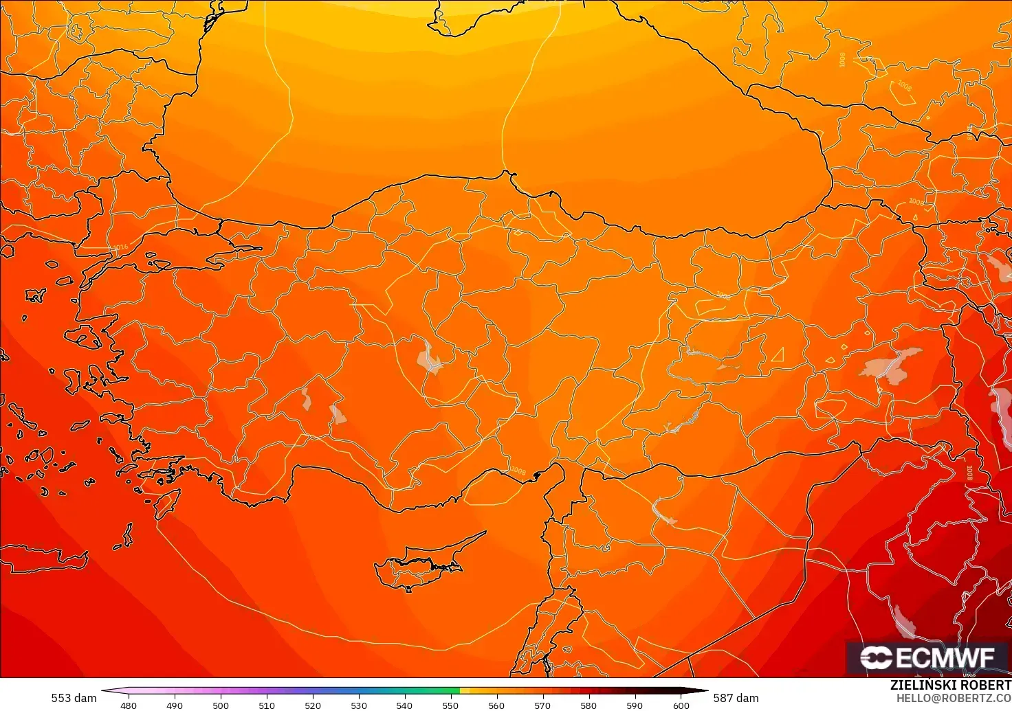 ECMWF IFS 0.25° modelo - Turquía, Altura geopotencial a 500 hPa