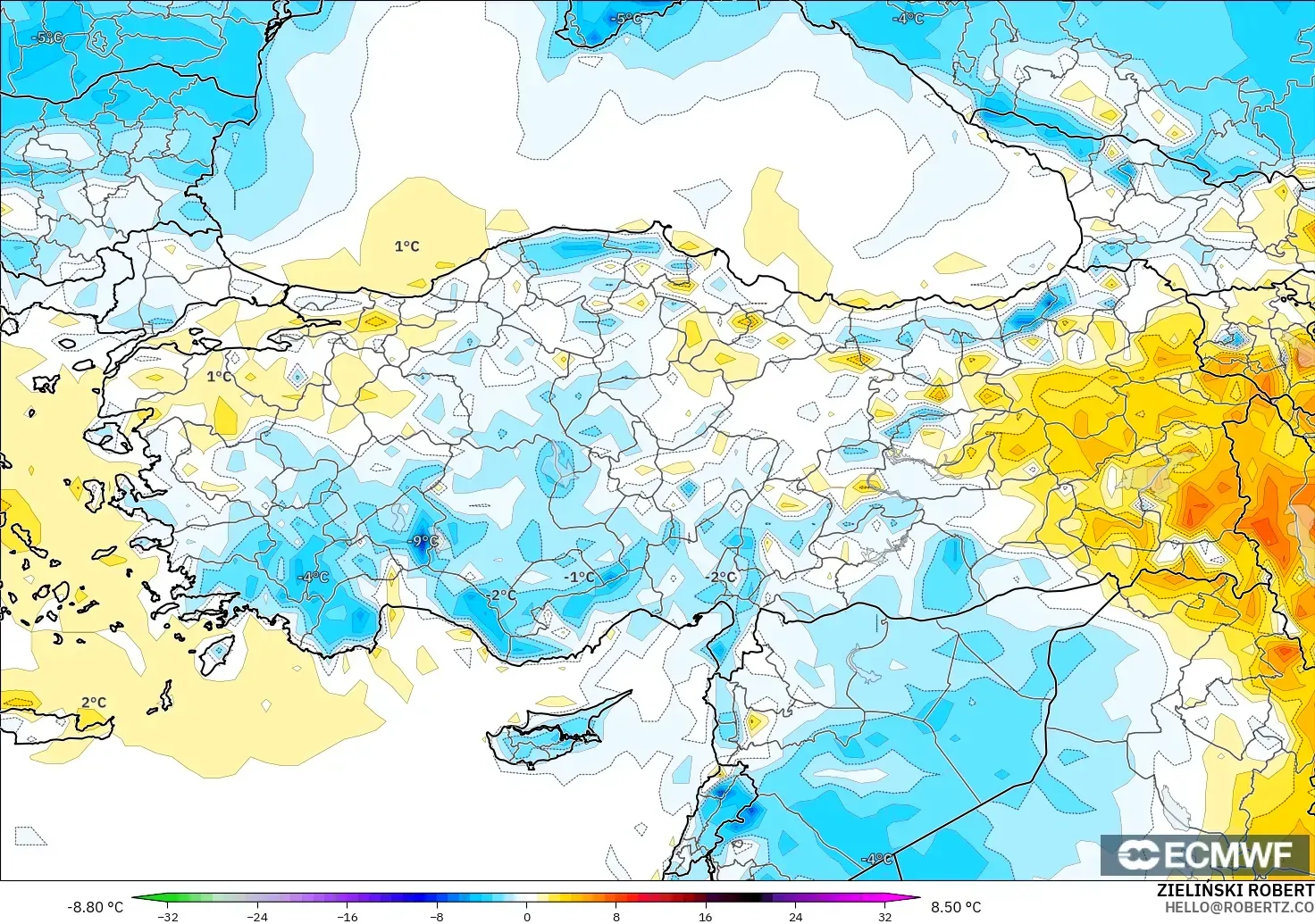 ECMWF IFS 0.25° modelo - Turquía, Anomalía de temperatura a 2 m