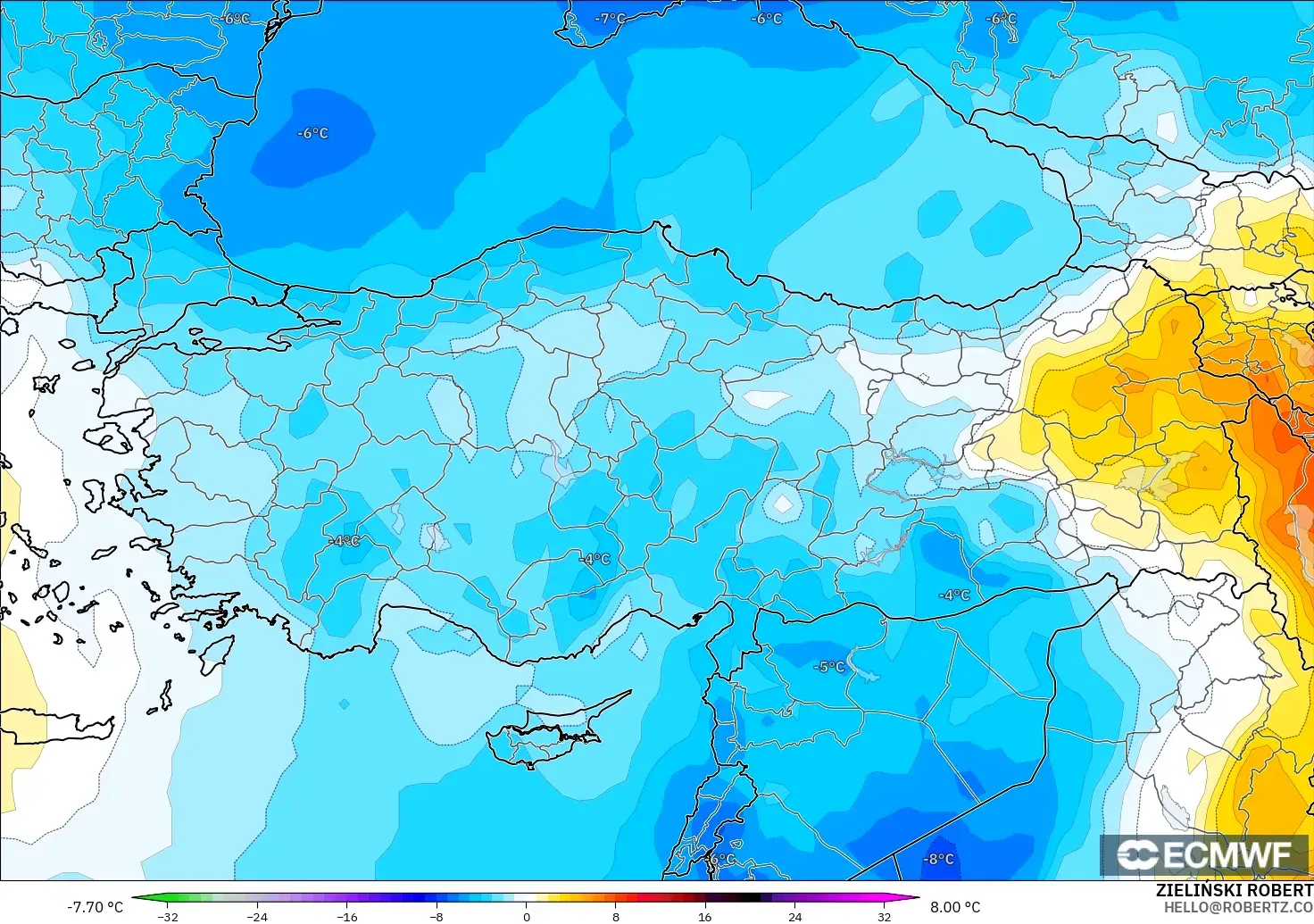 ECMWF IFS 0.25° modelo - Turquía, Anomalía de temperatura a 850 hPa