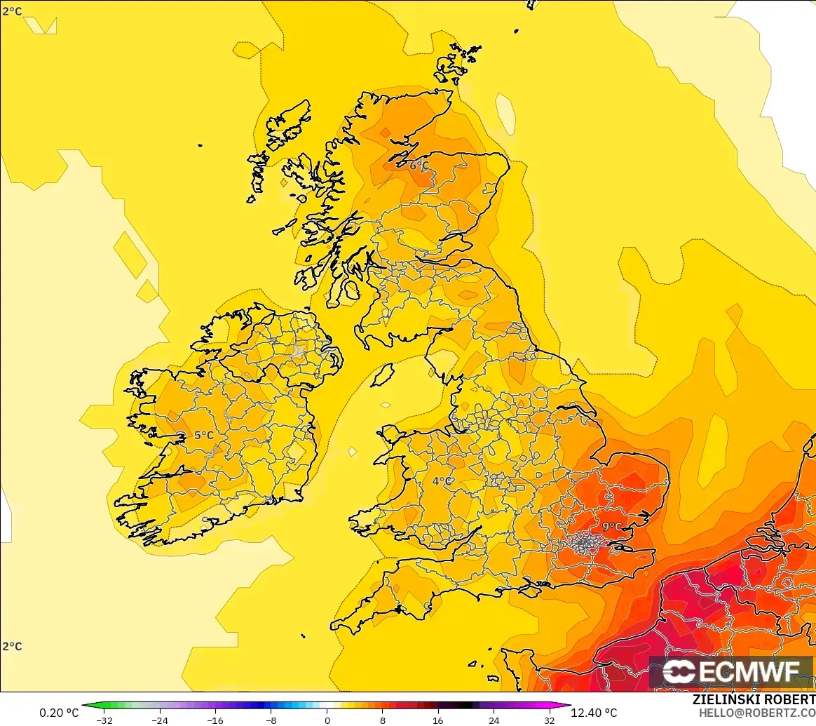 ECMWF IFS 0.25° modelo - Reino Unido, Anomalía de temperatura a 2 m