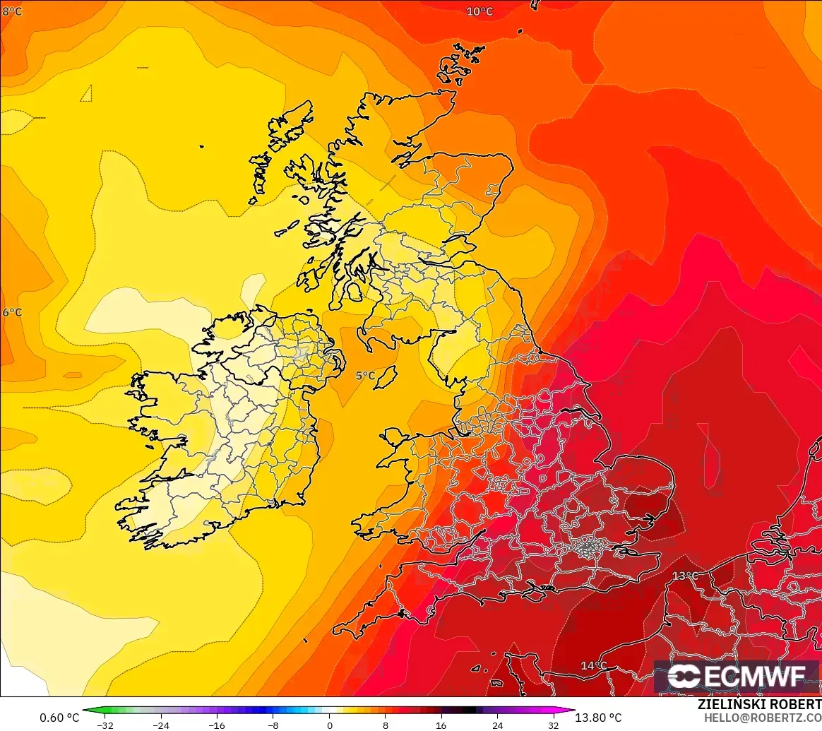 ECMWF IFS 0.25° modelo - Reino Unido, Anomalía de temperatura a 850 hPa