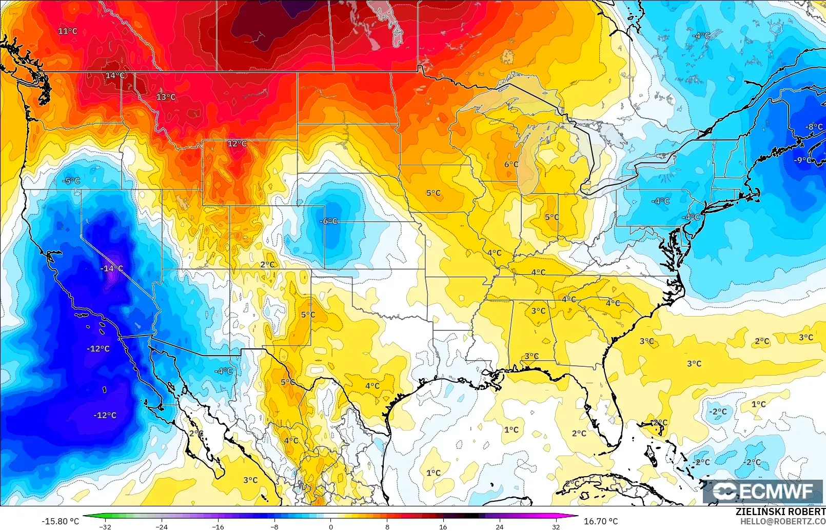 ECMWF IFS 0.25° modelo - Estados Unidos, Anomalía de temperatura a 850 hPa