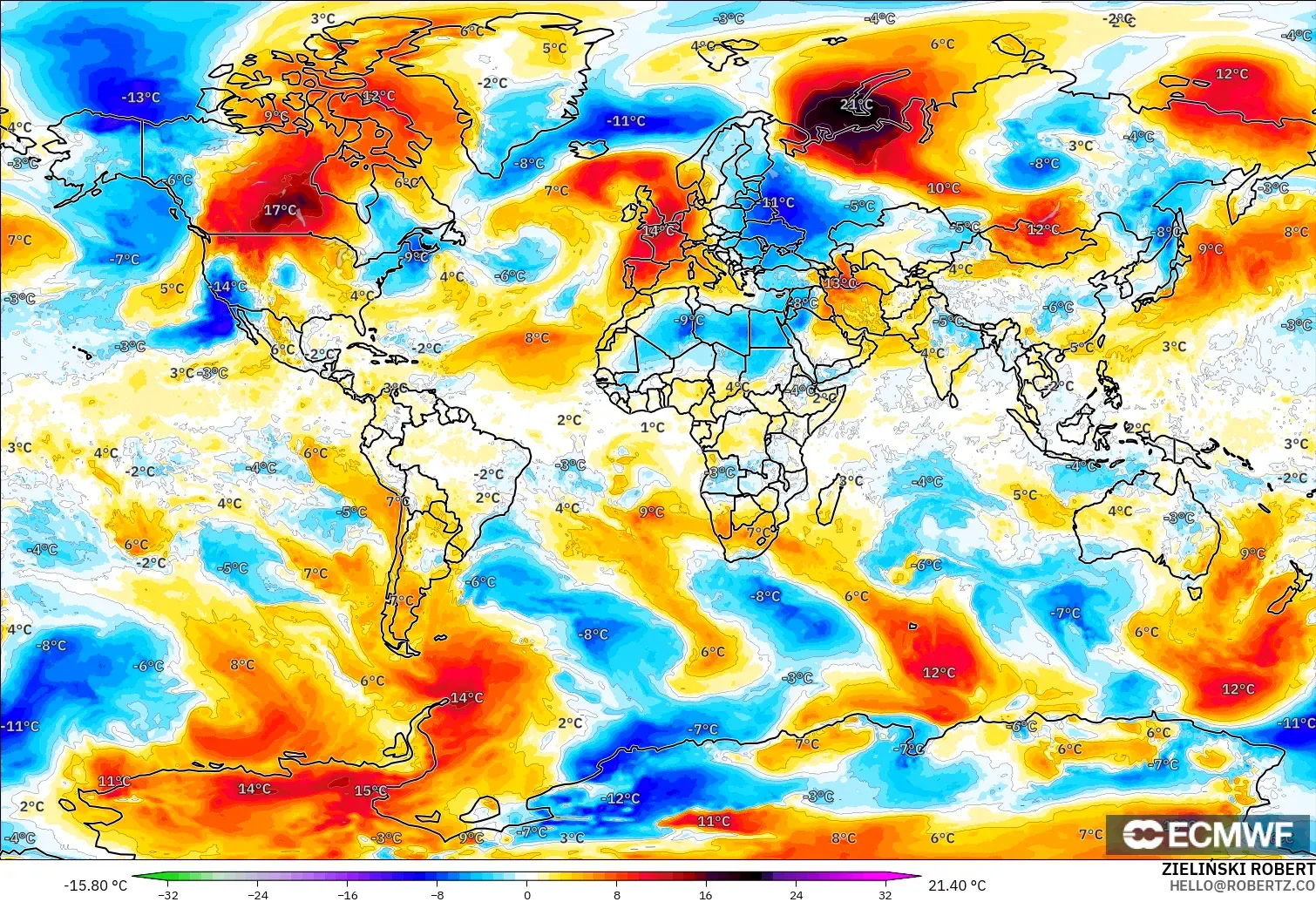 ECMWF IFS 0.25° modelo - Mundo, Anomalía de temperatura a 850 hPa