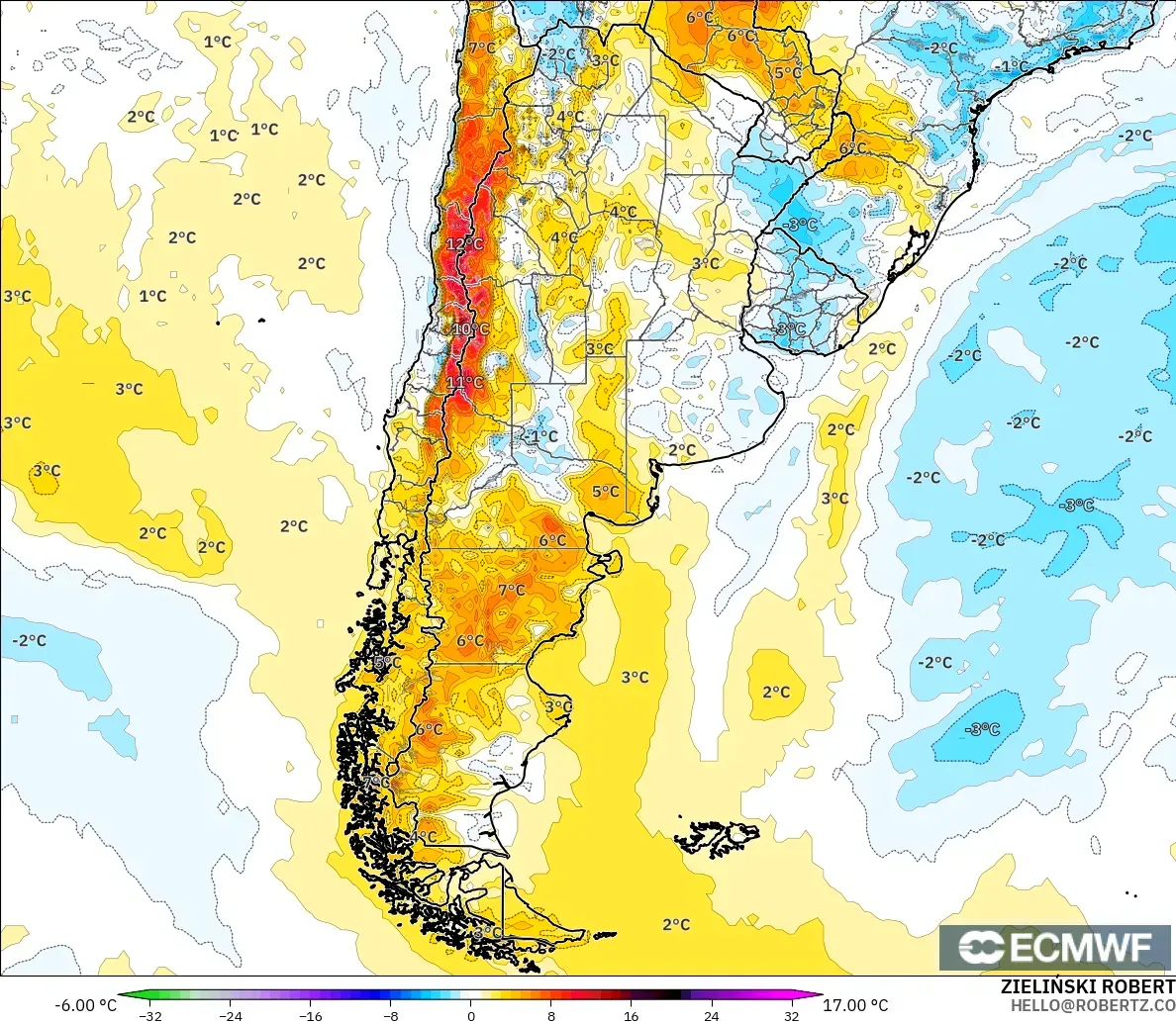 ECMWF IFS 0.25° modelo - Argentina, Anomalía de temperatura a 2 m