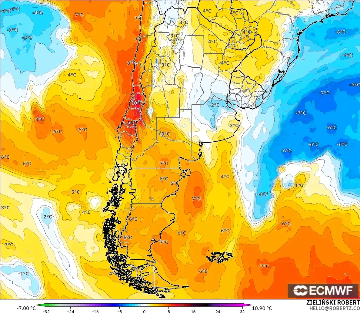 ECMWF IFS 0.25° modelo - Argentina, Anomalía de temperatura a 850 hPa
