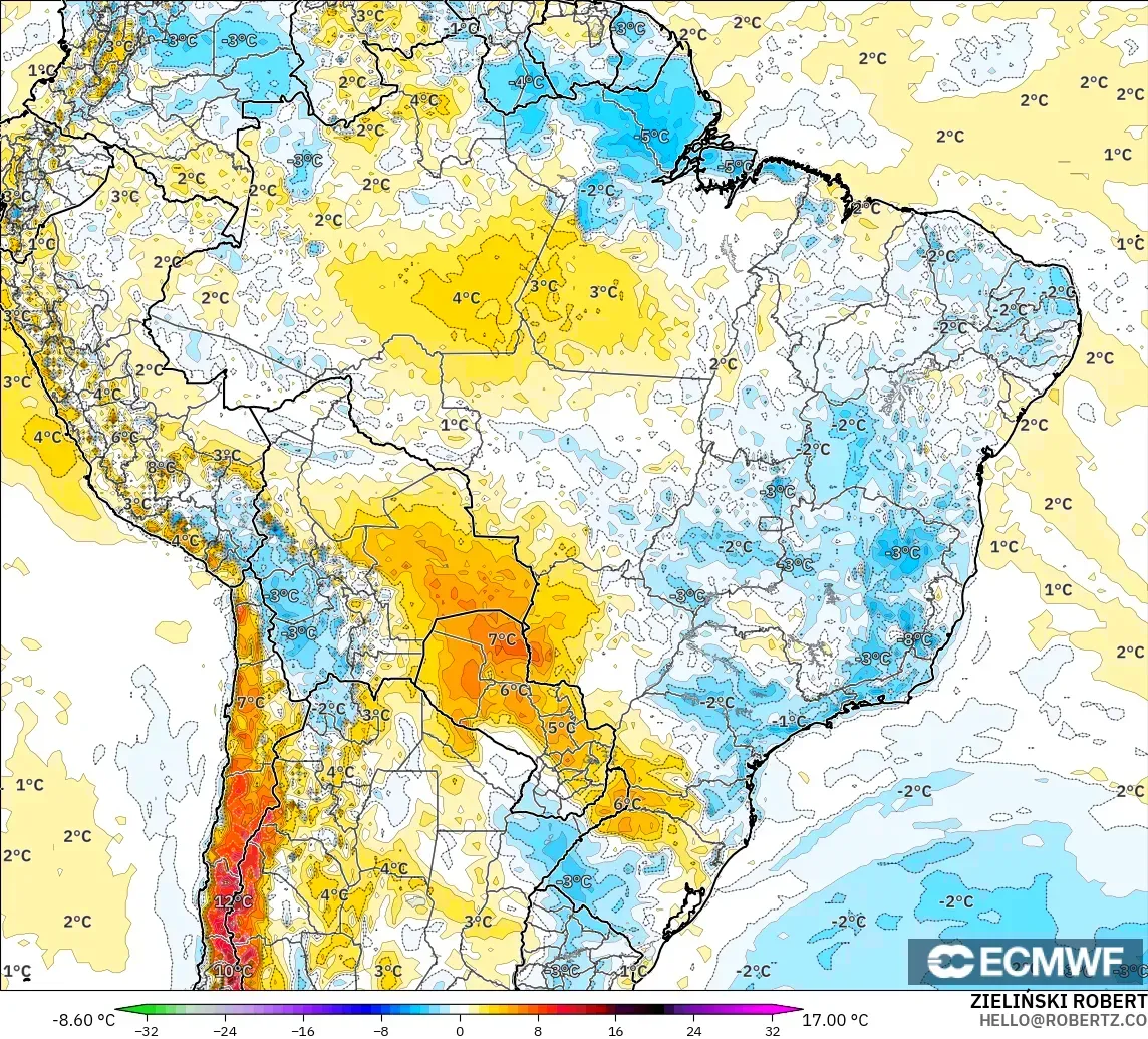 ECMWF IFS 0.25° modelo - Brasil, Anomalía de temperatura a 2 m