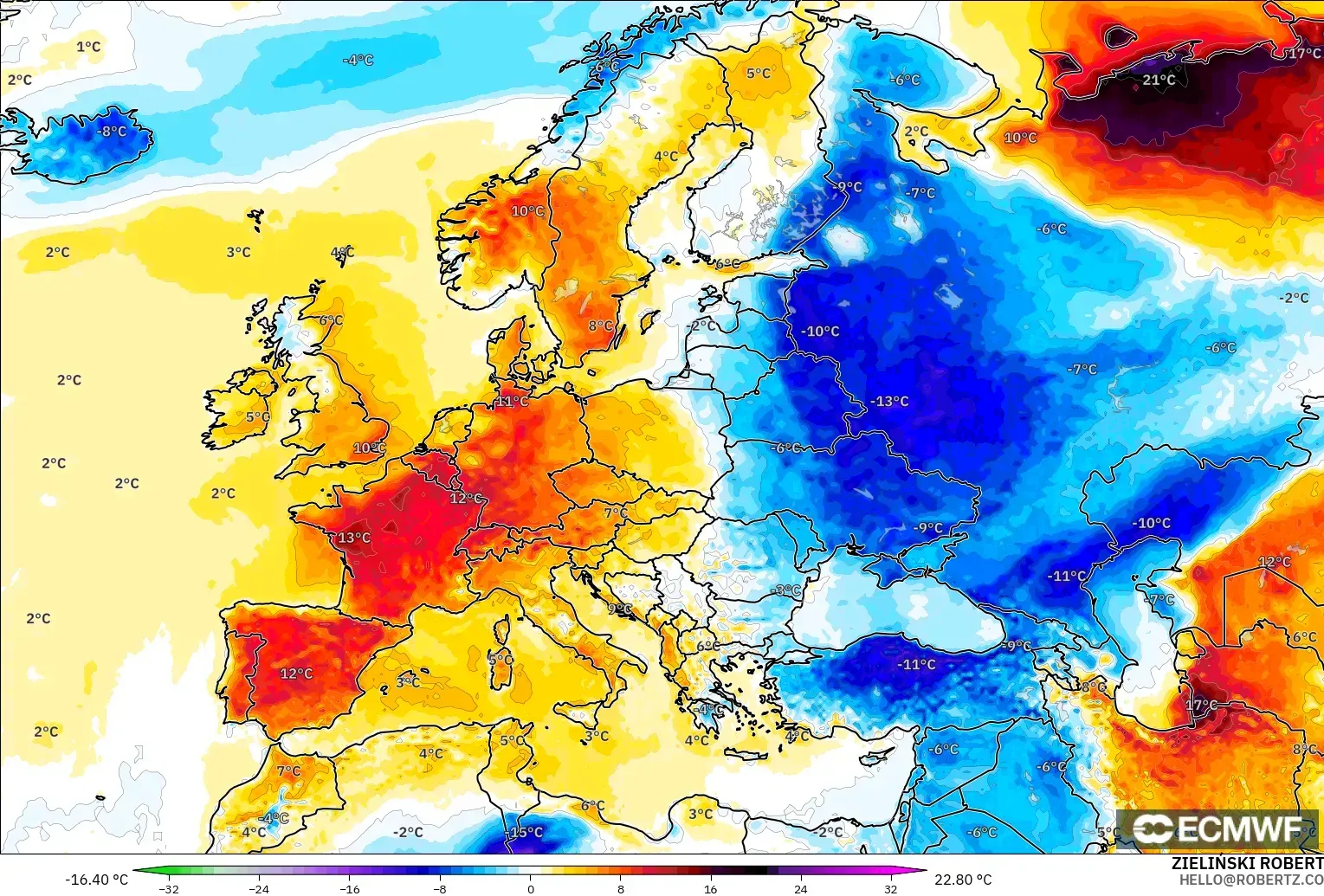 ECMWF IFS 0.25° modelo - Europa, Anomalía de temperatura a 2 m