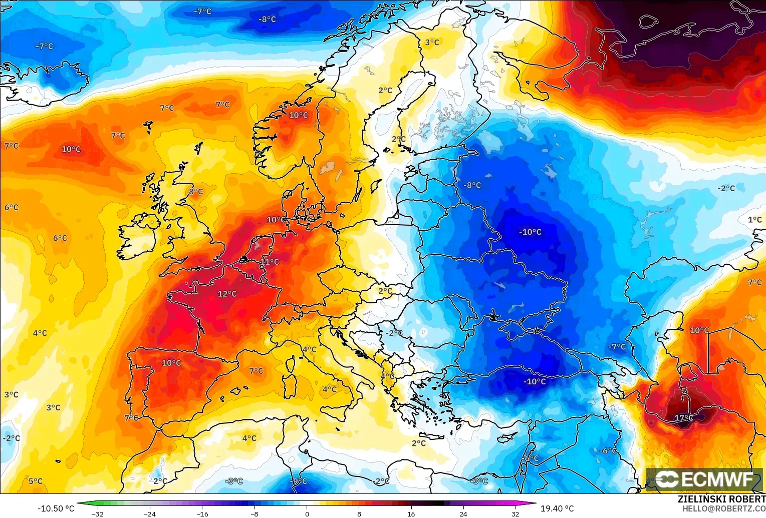 ECMWF IFS 0.25° modelo - Europa, Anomalía de temperatura a 850 hPa