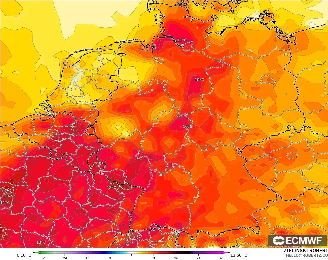 ECMWF IFS 0.25° modelo - Alemania, Anomalía de temperatura a 2 m