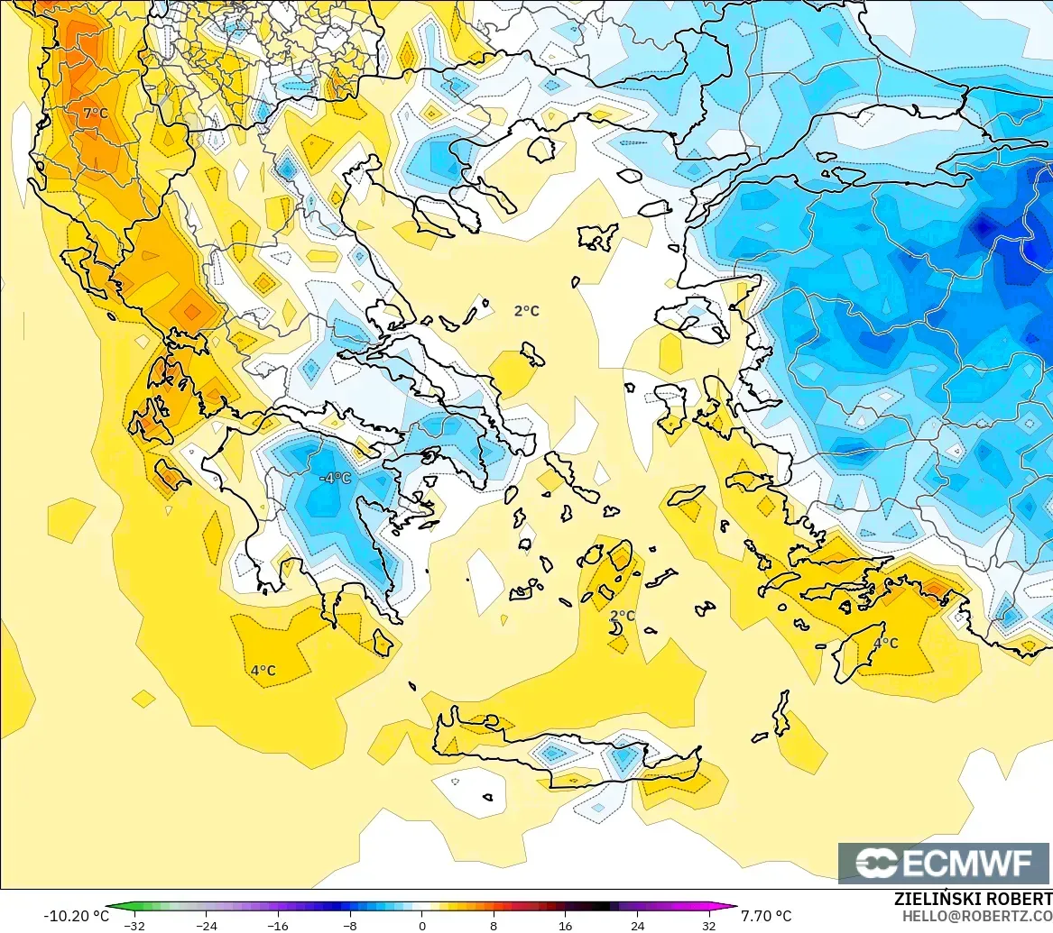 ECMWF IFS 0.25° modelo - Grecia, Anomalía de temperatura a 2 m