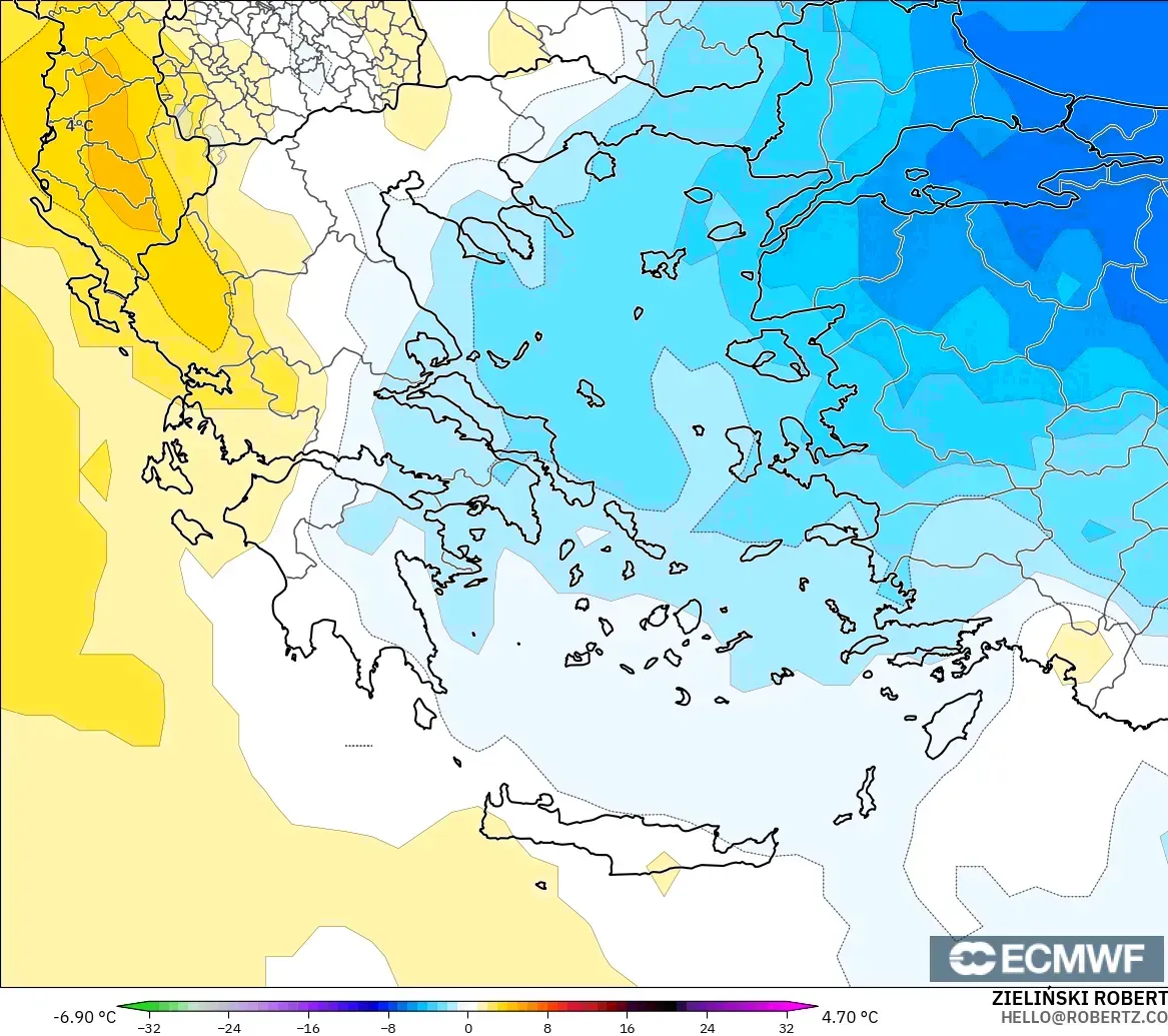 ECMWF IFS 0.25° modelo - Grecia, Anomalía de temperatura a 850 hPa