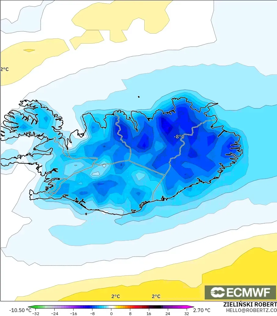 ECMWF IFS 0.25° modelo - Islandia, Anomalía de temperatura a 2 m