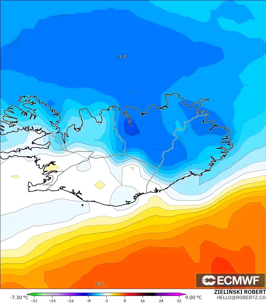 ECMWF IFS 0.25° modelo - Islandia, Anomalía de temperatura a 850 hPa