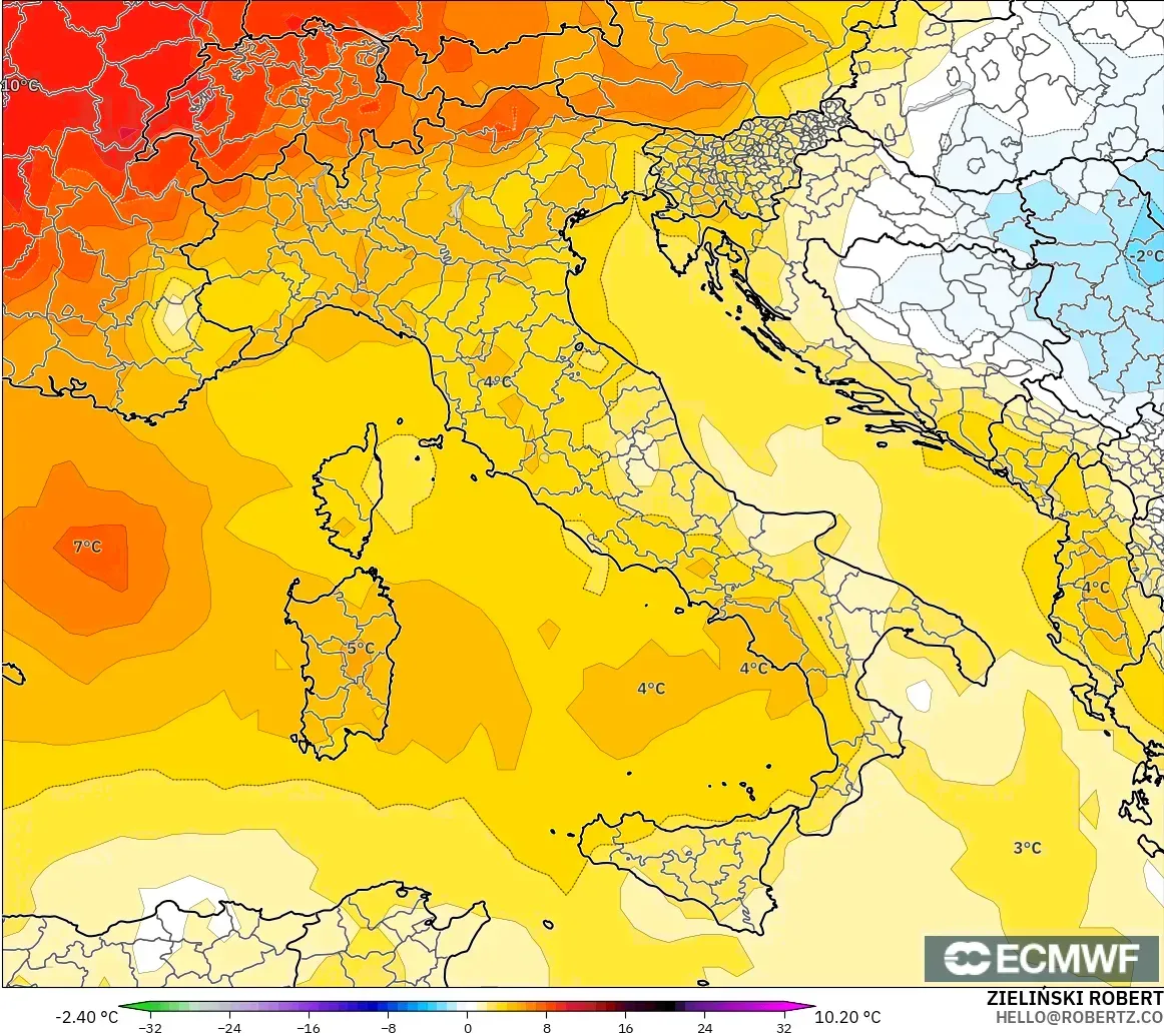 ECMWF IFS 0.25° modelo - Italia, Anomalía de temperatura a 850 hPa