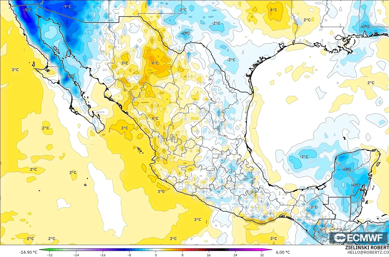 ECMWF IFS 0.25° modelo - México, Anomalía de temperatura a 2 m