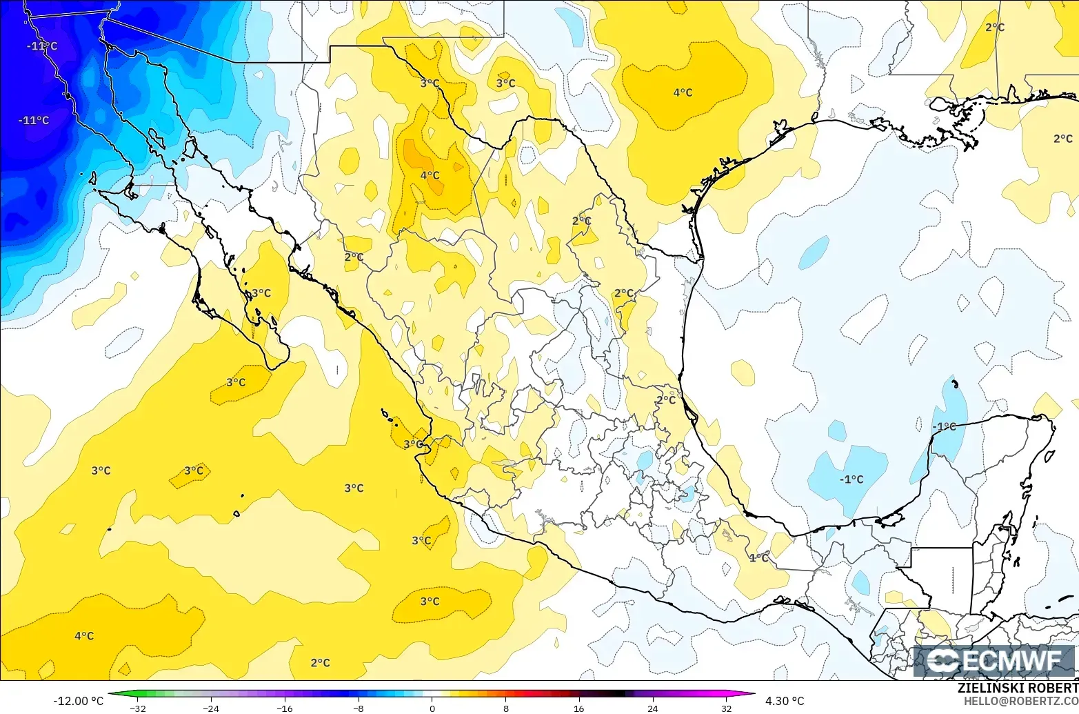 ECMWF IFS 0.25° modelo - México, Anomalía de temperatura a 850 hPa