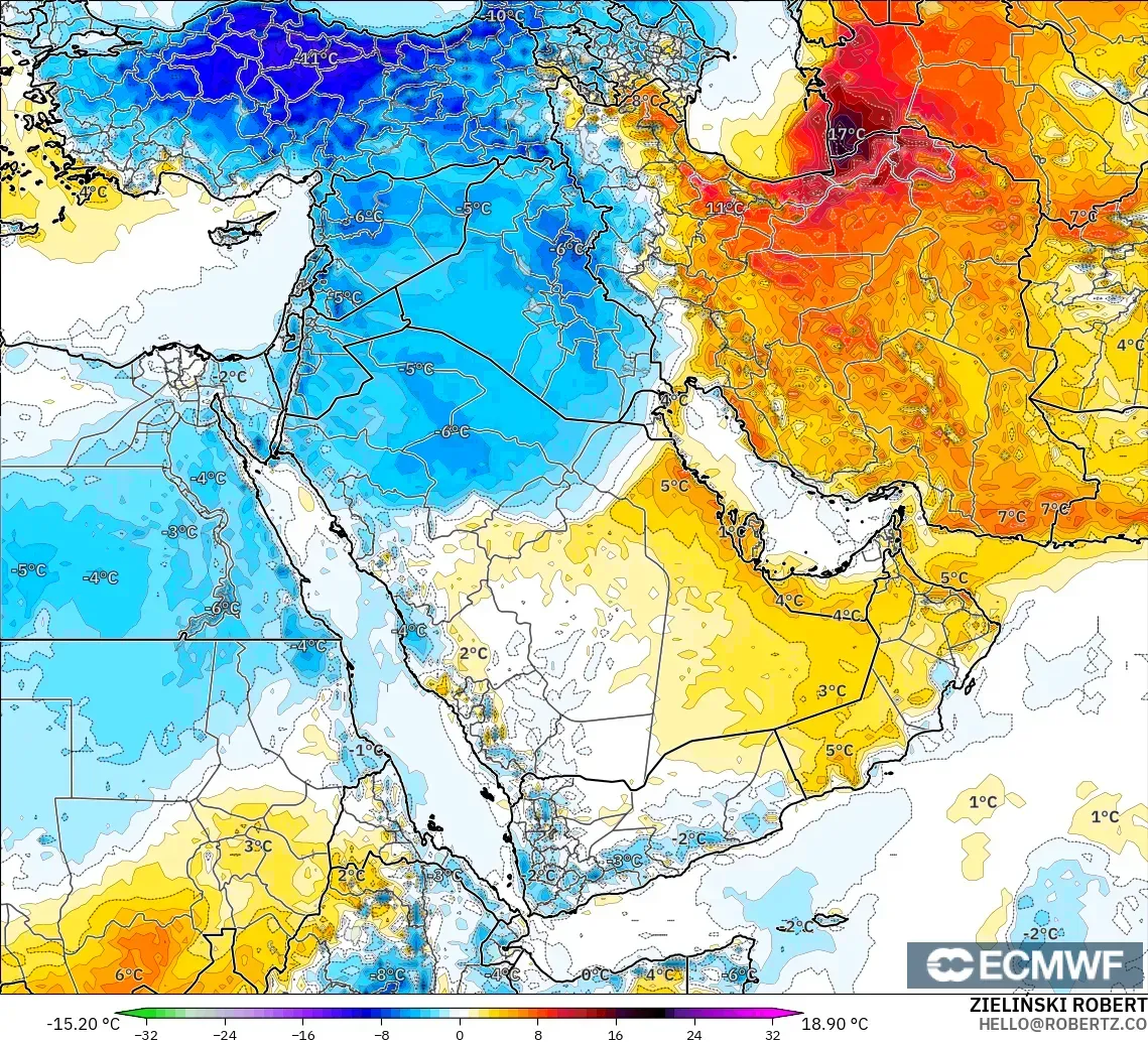 ECMWF IFS 0.25° modelo - Oriente Medio, Anomalía de temperatura a 2 m