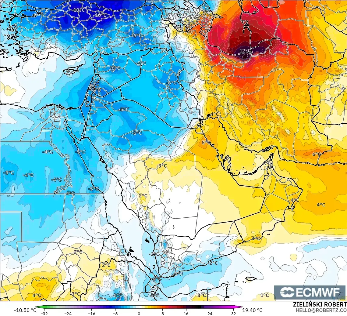 ECMWF IFS 0.25° modelo - Oriente Medio, Anomalía de temperatura a 850 hPa