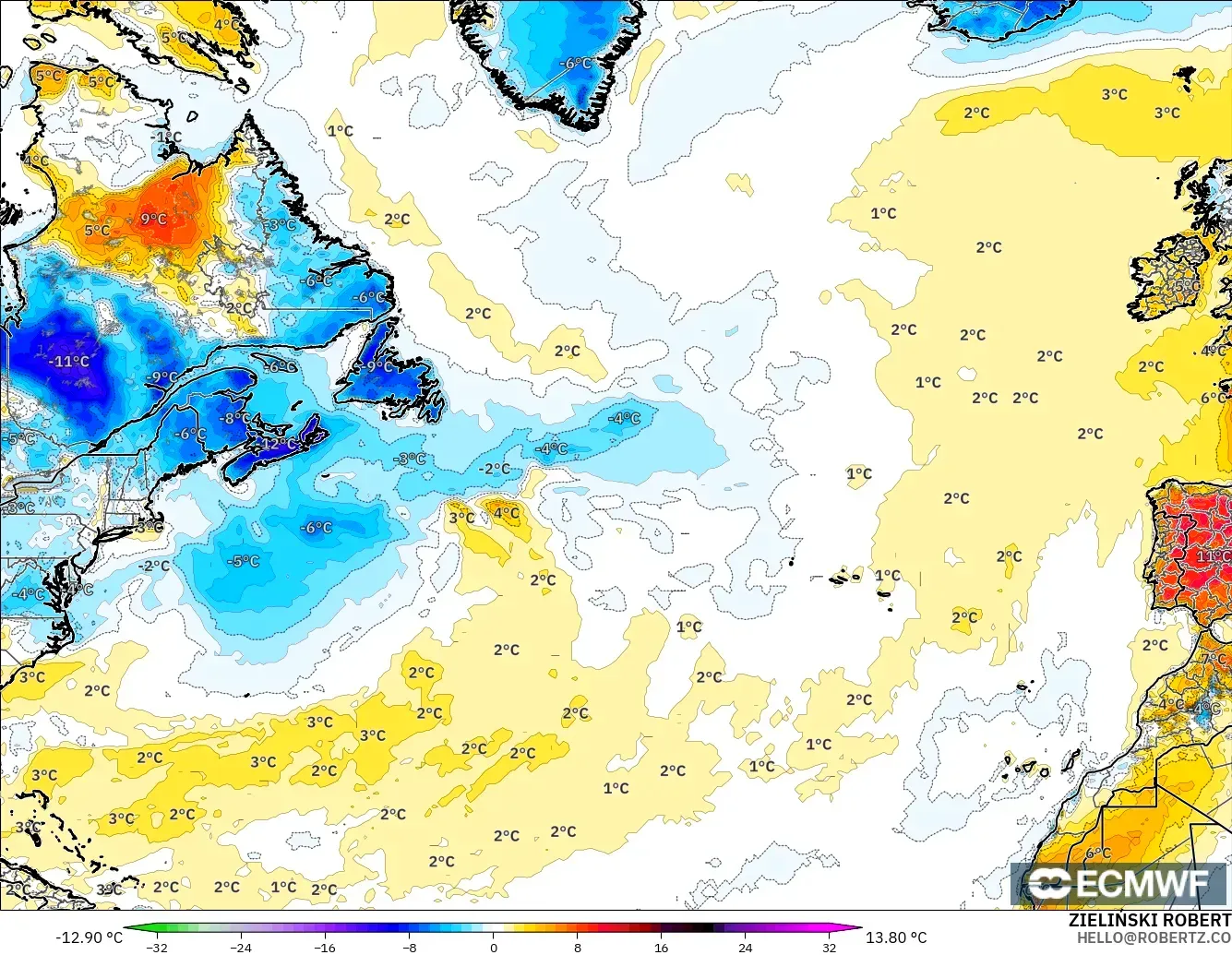 ECMWF IFS 0.25° modelo - Norte Atlántico, Anomalía de temperatura a 2 m