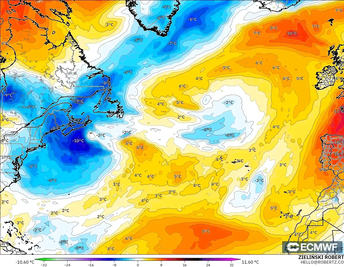 ECMWF IFS 0.25° modelo - Norte Atlántico, Anomalía de temperatura a 850 hPa