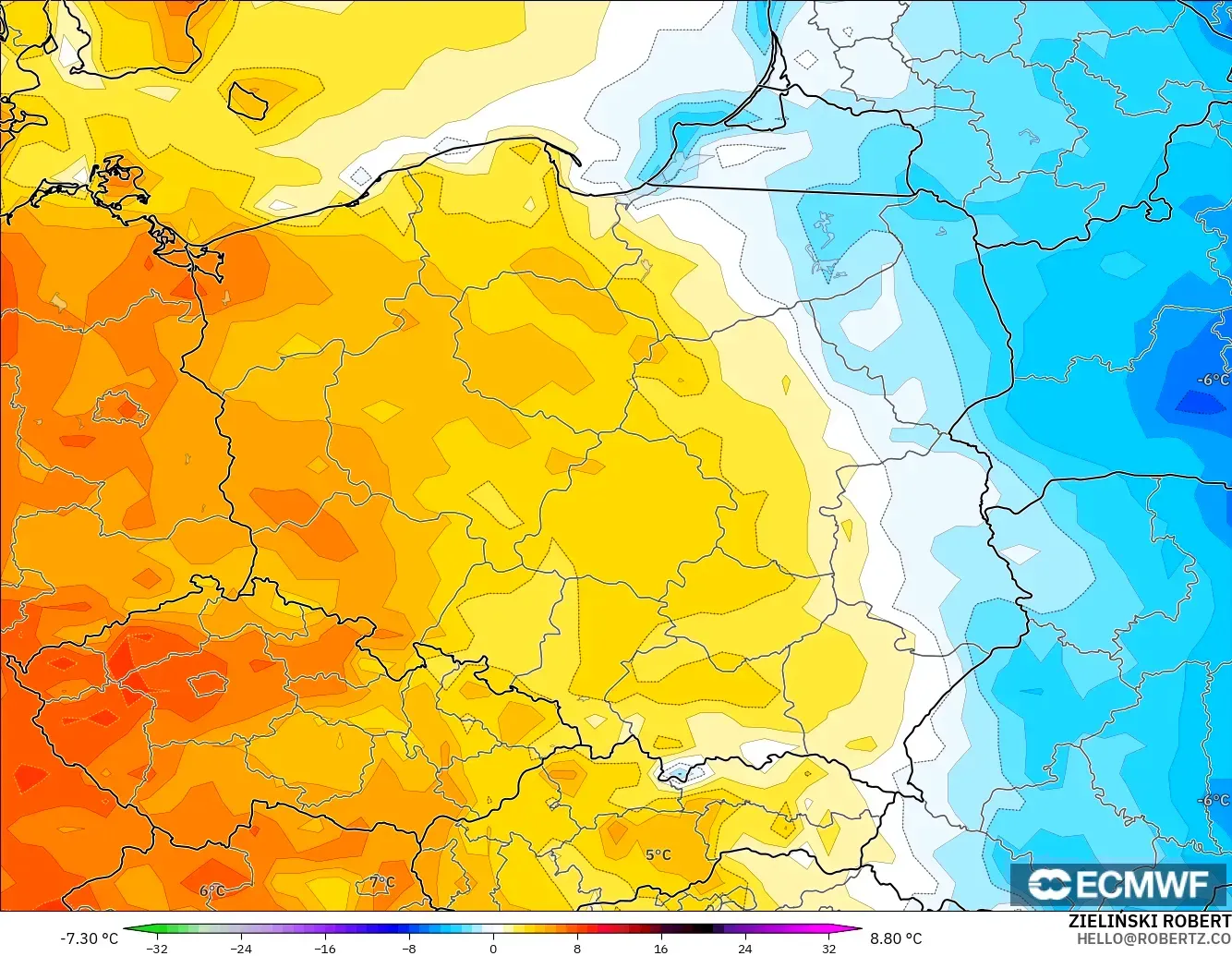 ECMWF IFS 0.25° modelo - Polonia, Anomalía de temperatura a 2 m