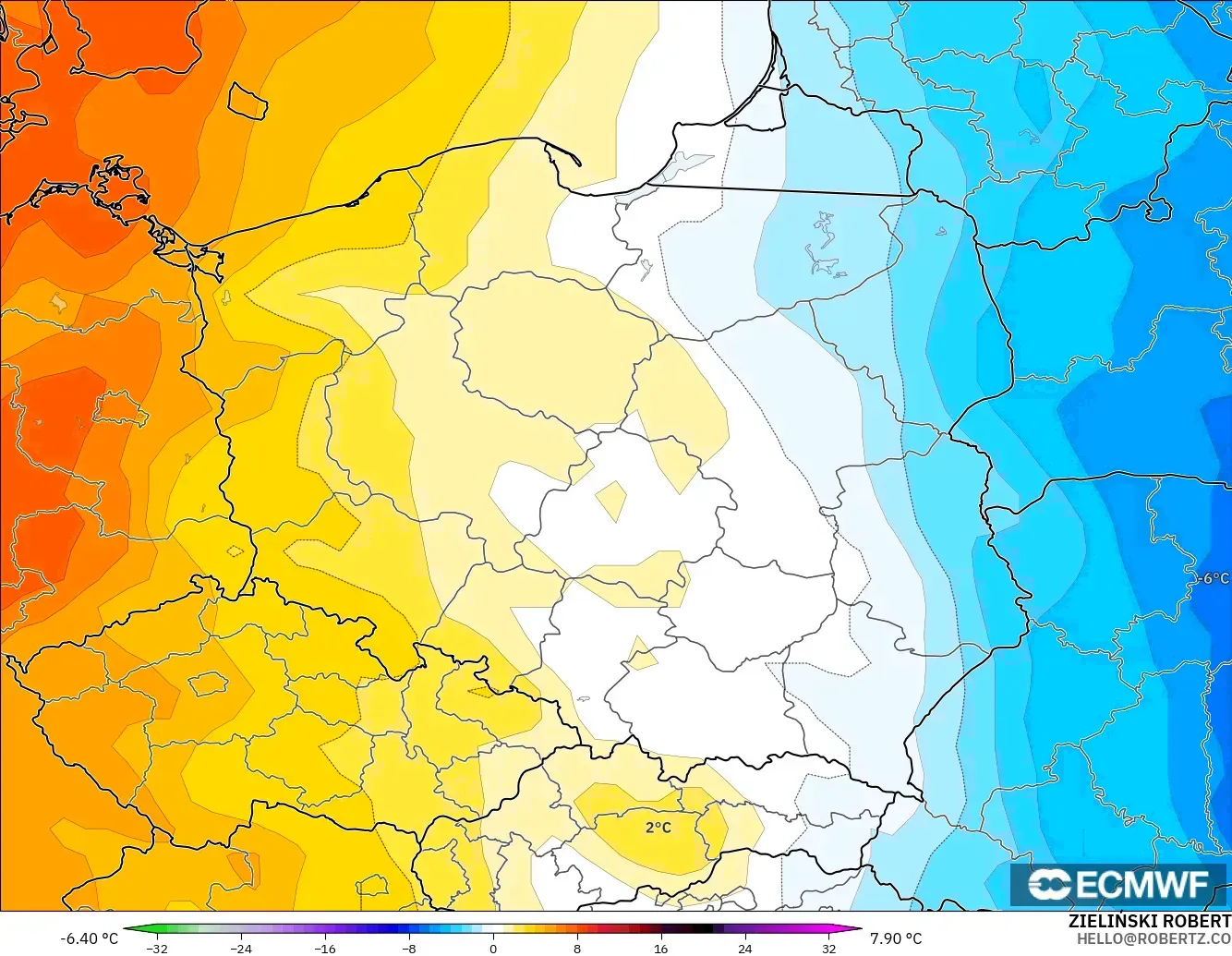 ECMWF IFS 0.25° modelo - Polonia, Anomalía de temperatura a 850 hPa