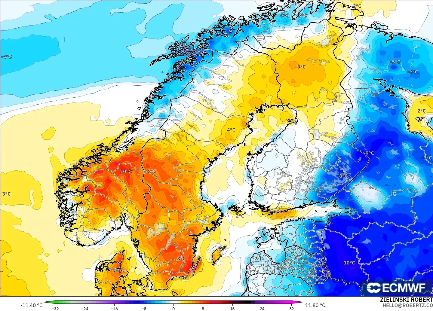 ECMWF IFS 0.25° modelo - Escandinavia, Anomalía de temperatura a 2 m