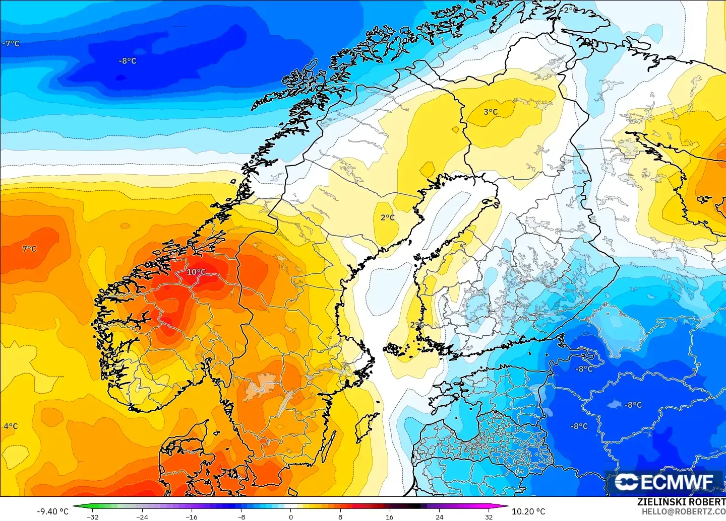 ECMWF IFS 0.25° modelo - Escandinavia, Anomalía de temperatura a 850 hPa
