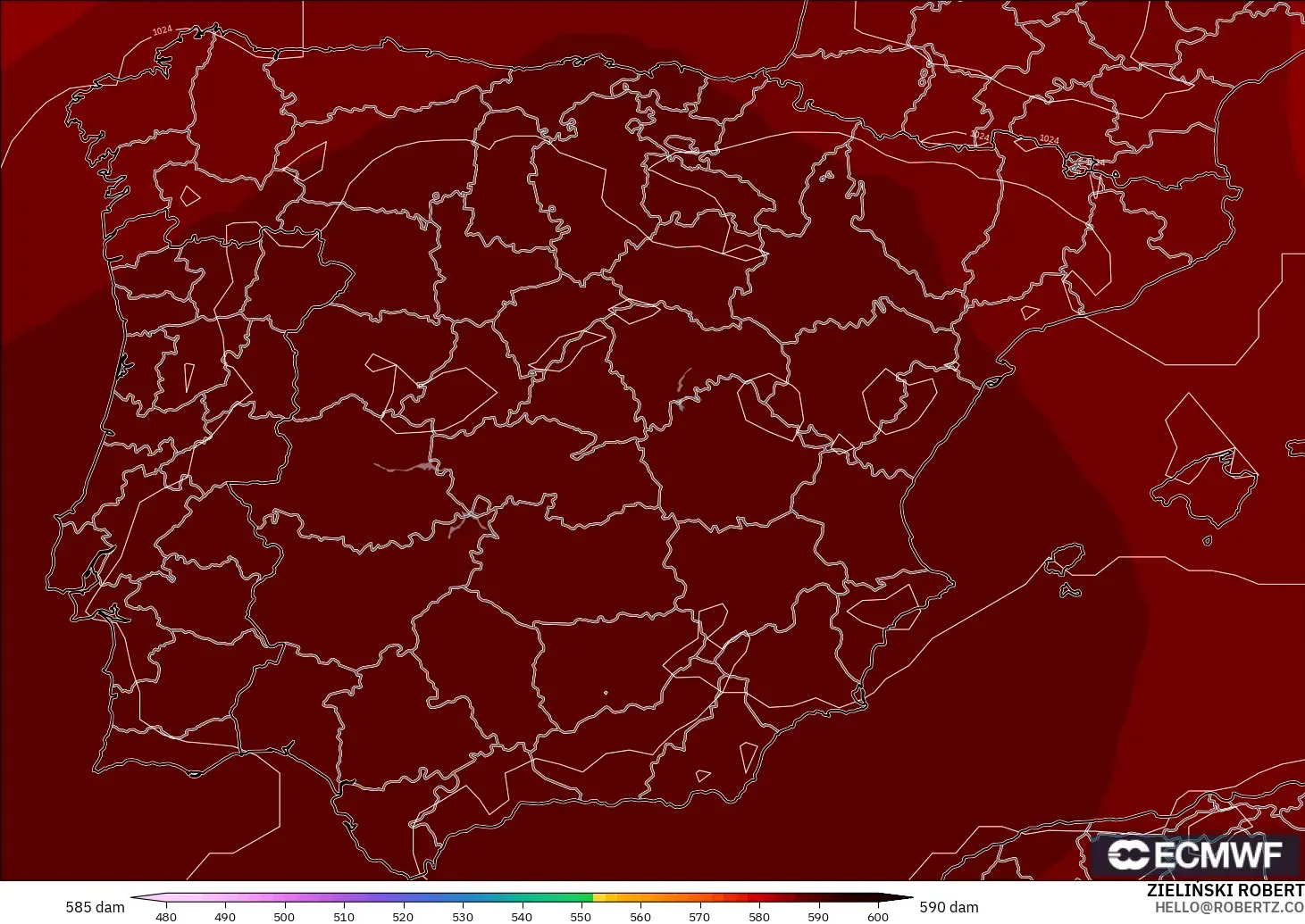 ECMWF IFS 0.25° modelo - España, Altura geopotencial a 500 hPa