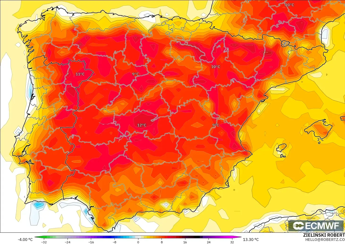 ECMWF IFS 0.25° modelo - España, Anomalía de temperatura a 2 m