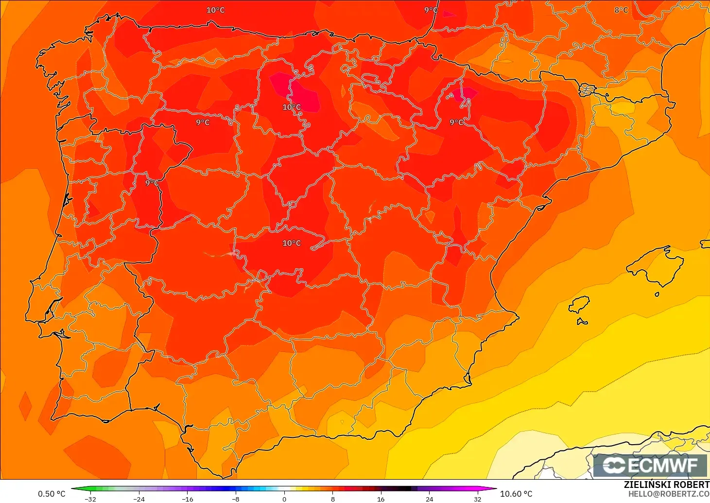 ECMWF IFS 0.25° modelo - España, Anomalía de temperatura a 850 hPa