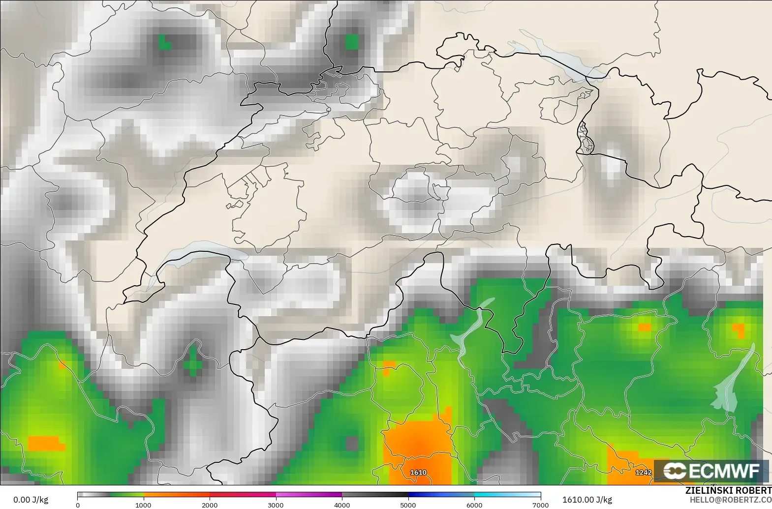 ECMWF IFS 0.25° modelo - Suiza, CAPE
