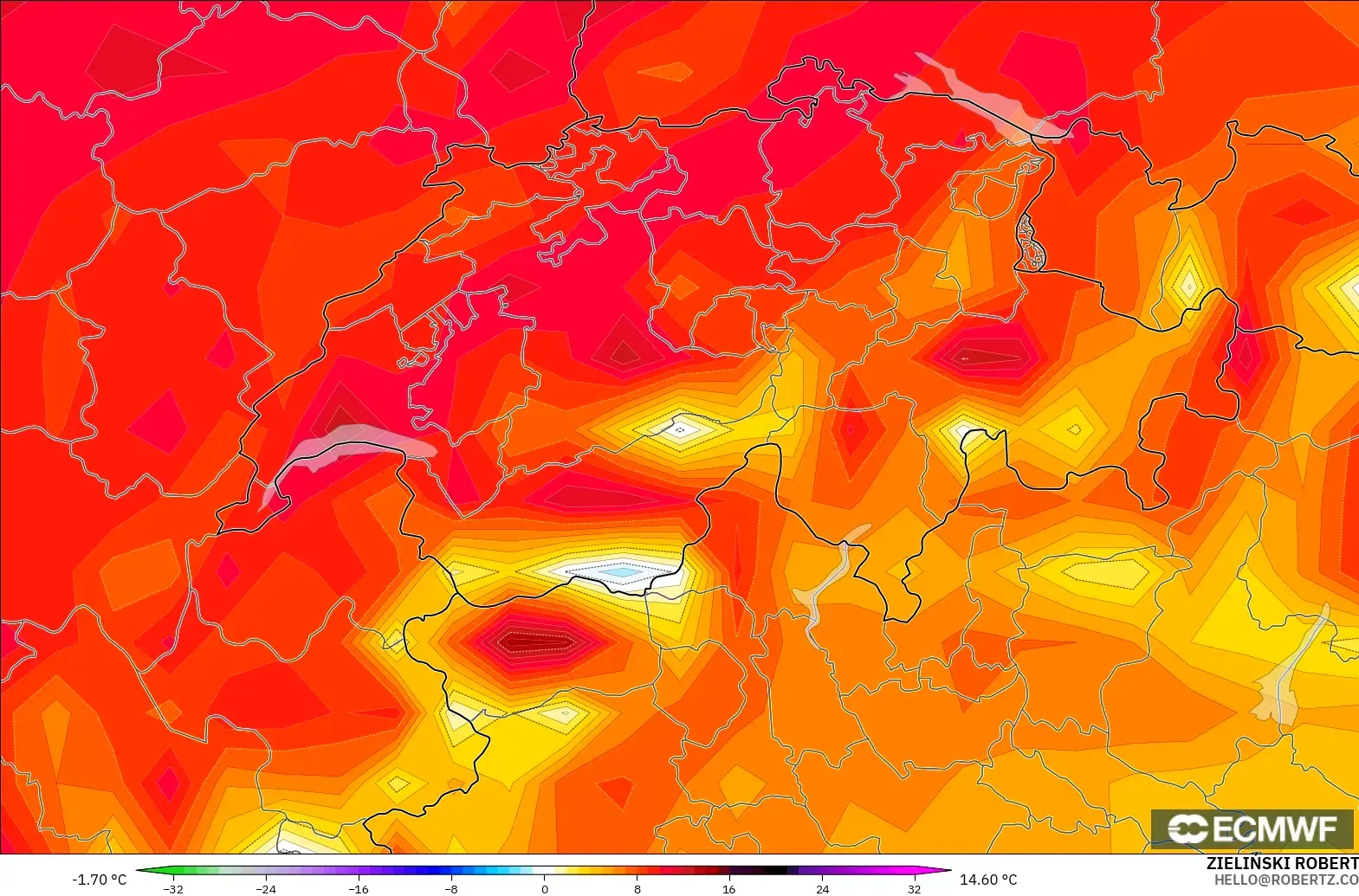 ECMWF IFS 0.25° modelo - Suiza, Anomalía de temperatura a 2 m