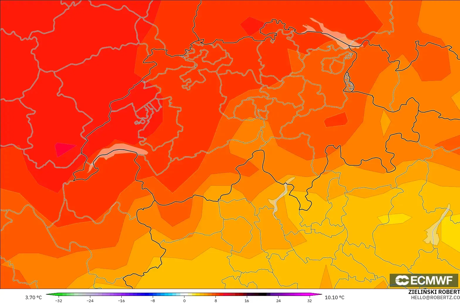 ECMWF IFS 0.25° modelo - Suiza, Anomalía de temperatura a 850 hPa