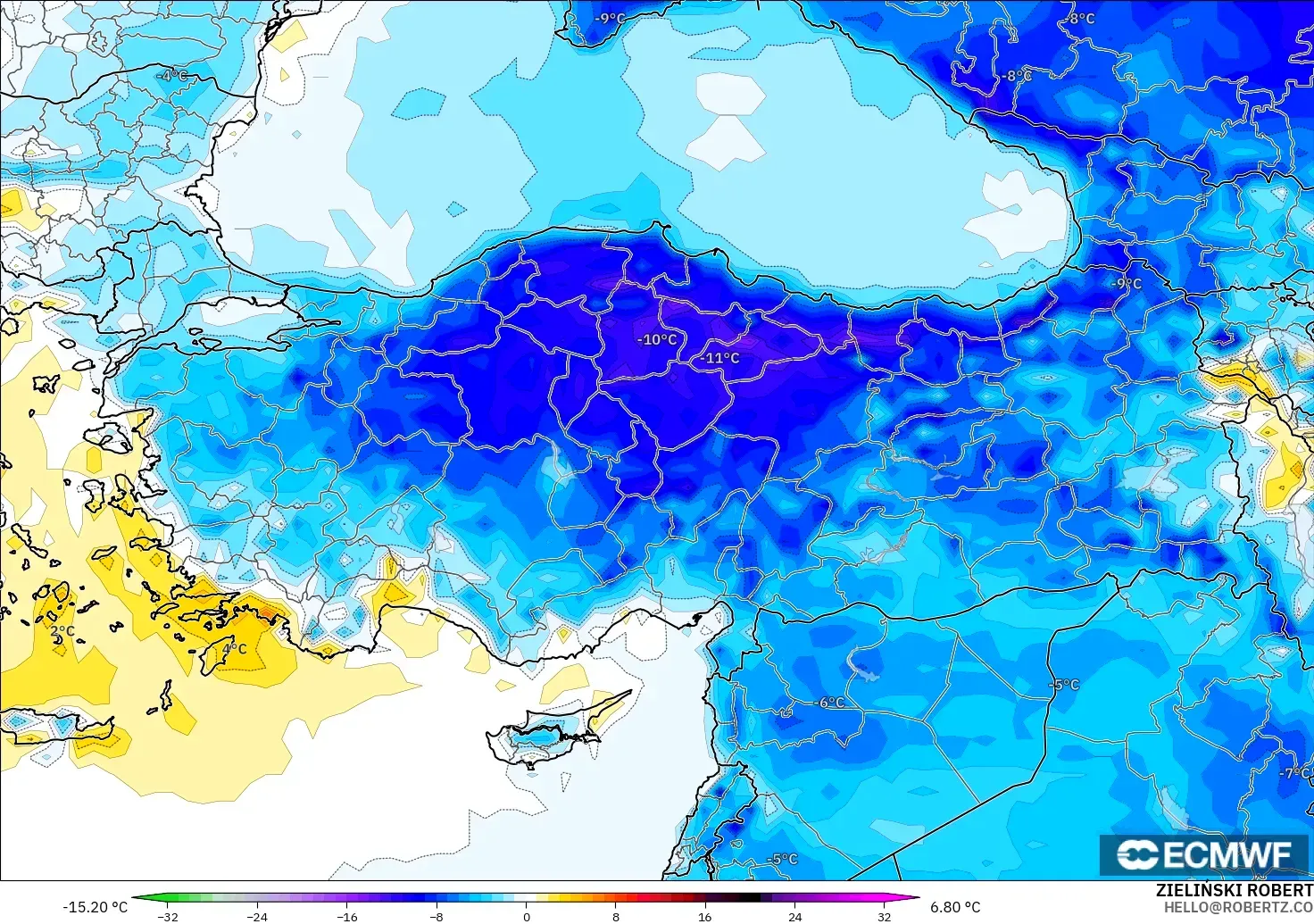 ECMWF IFS 0.25° modelo - Turquía, Anomalía de temperatura a 2 m