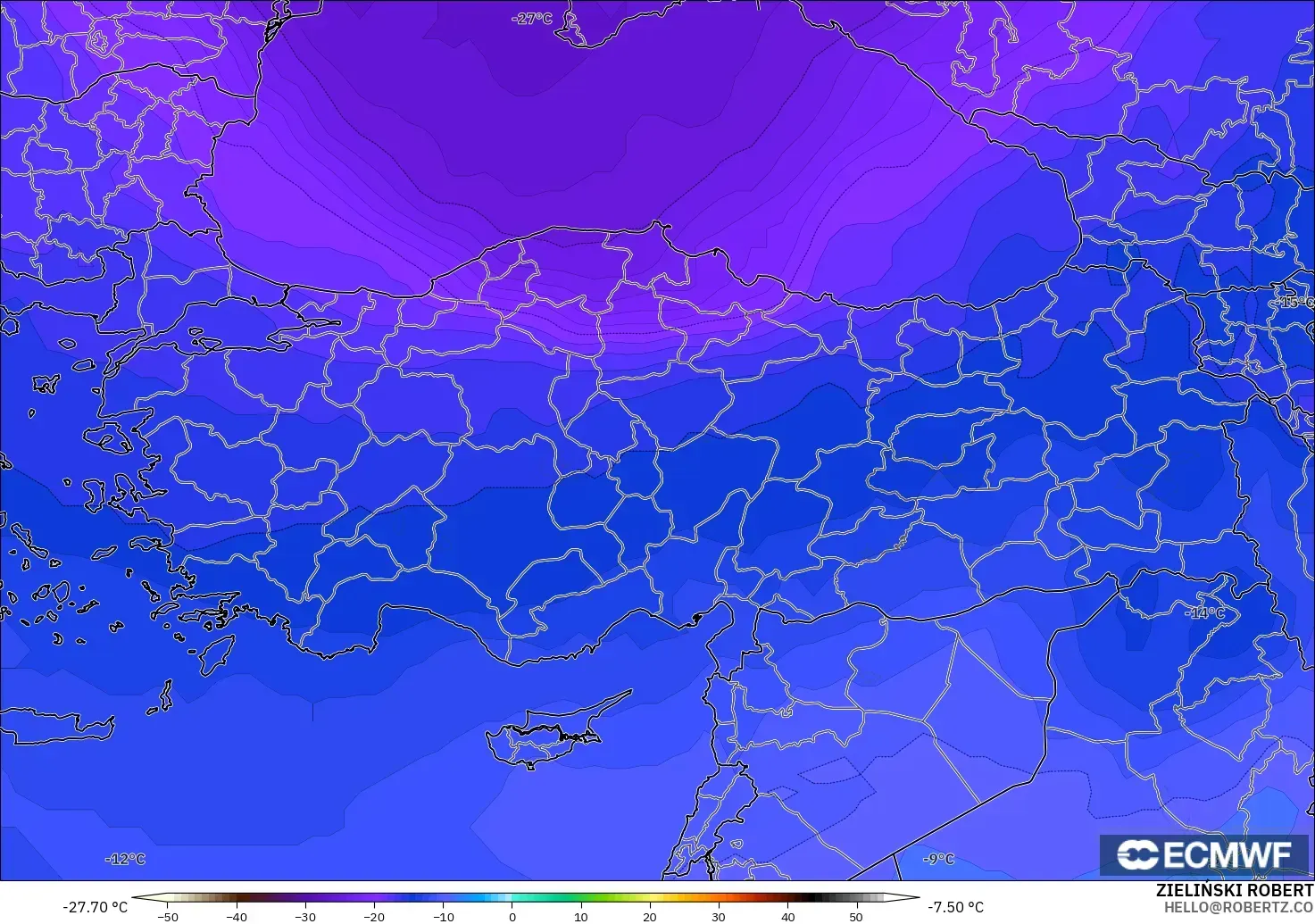 ECMWF IFS 0.25° modelo - Turquía, Temperatura a 500 hPa