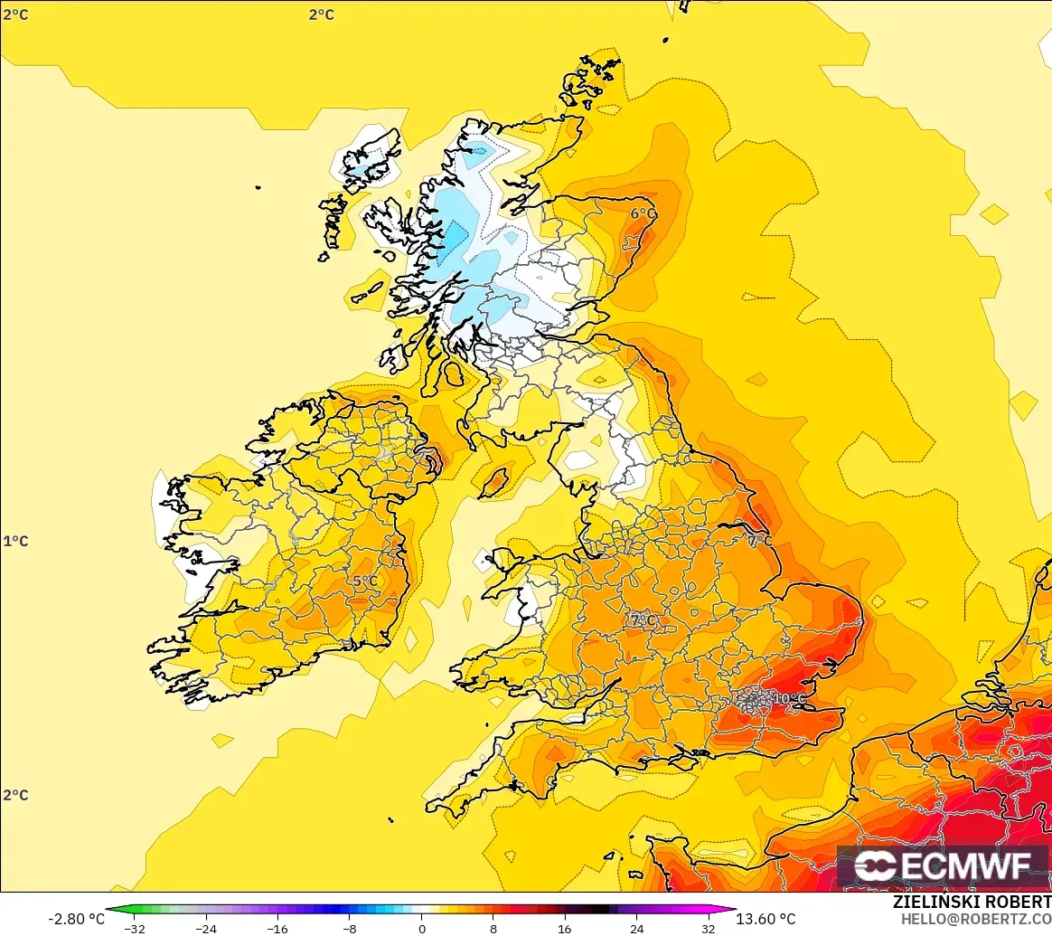 ECMWF IFS 0.25° modelo - Reino Unido, Anomalía de temperatura a 2 m