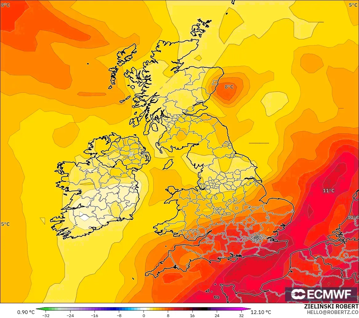 ECMWF IFS 0.25° modelo - Reino Unido, Anomalía de temperatura a 850 hPa