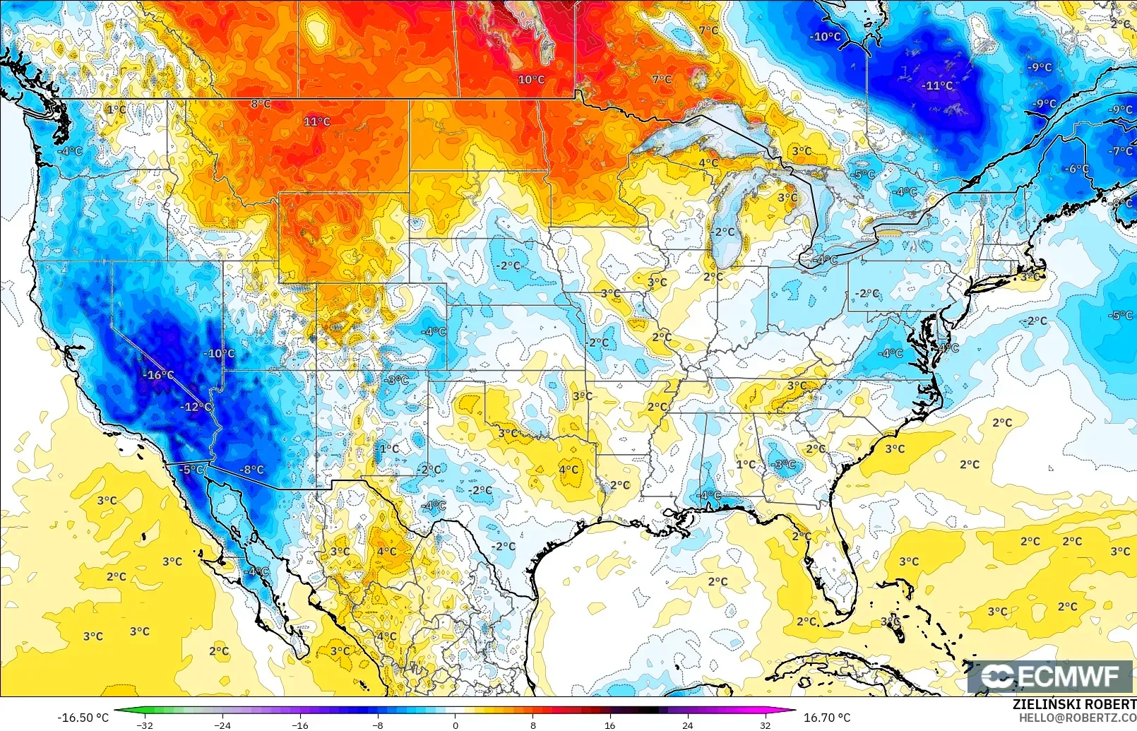 ECMWF IFS 0.25° modelo - Estados Unidos, Anomalía de temperatura a 2 m