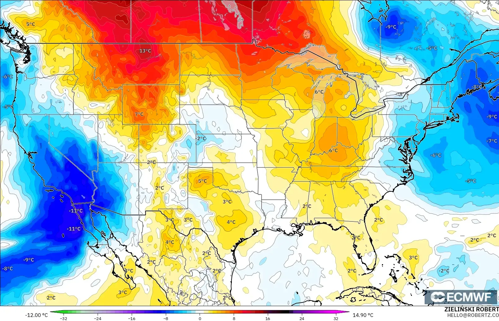 ECMWF IFS 0.25° modelo - Estados Unidos, Anomalía de temperatura a 850 hPa